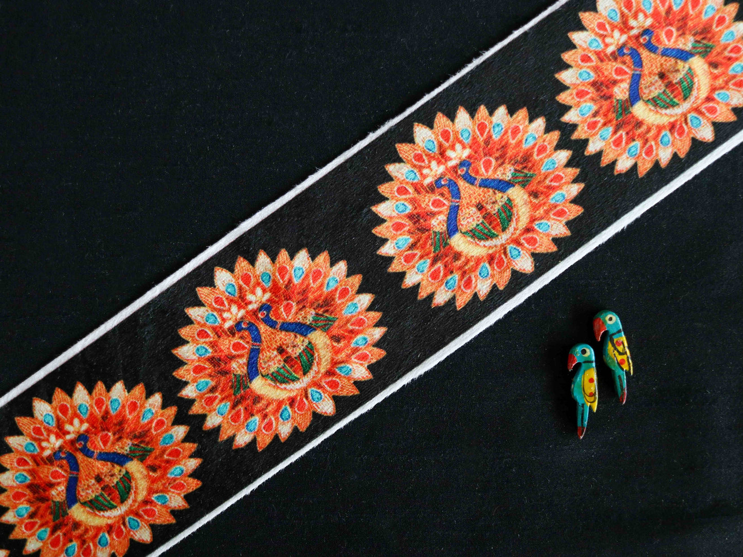 Indian Peacock Digital Print Trim,Black Orange Indian Bird Border,Quirky Boho Digital Print Lace,Bridal Digital Saree Border,Price/mtr
