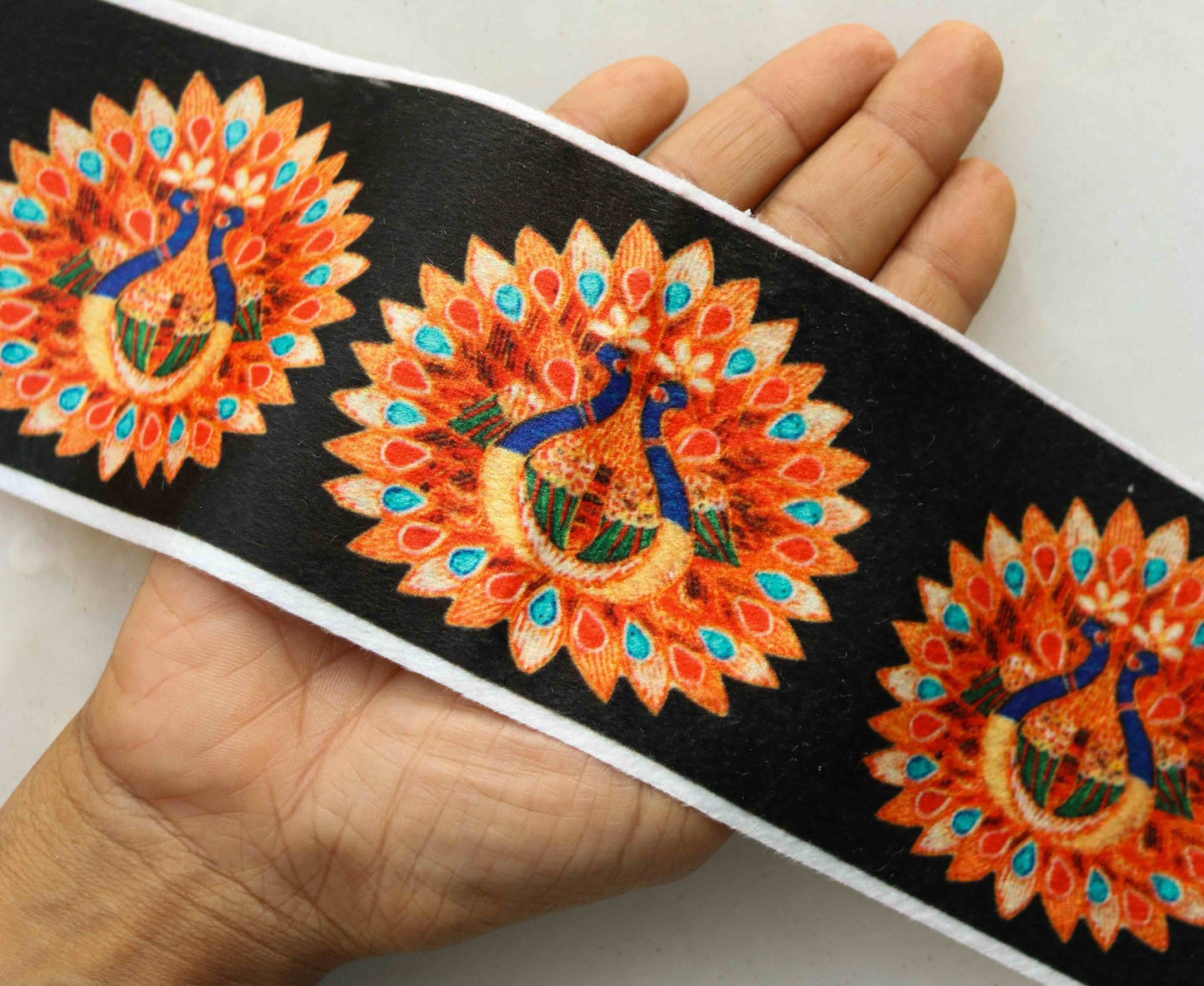 Indian Peacock Digital Print Trim,Black Orange Indian Bird Border,Quirky Boho Digital Print Lace,Bridal Digital Saree Border,Price/mtr