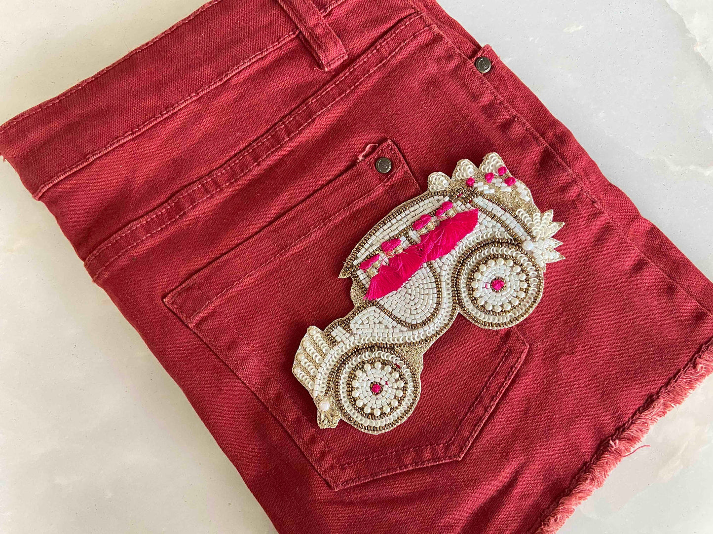 White Beaded Embroidered Car patch,Handmade White Buggy applique,Boho Quirky Vehicle patch,White Wedding Applique,DIY Patch