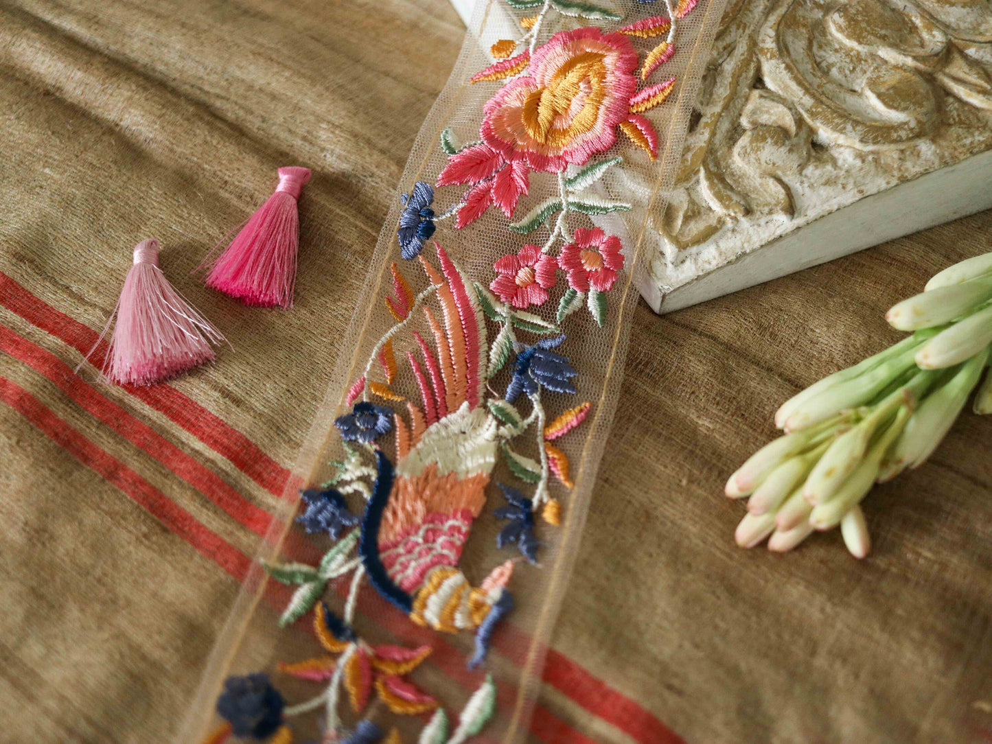 Pink Grey Parrot Floral Trim,Embroidered Macaw Floral Net Border,Pink Bird Lace,Indian Fabric Trim,Floral Saree Border,Price/mtr