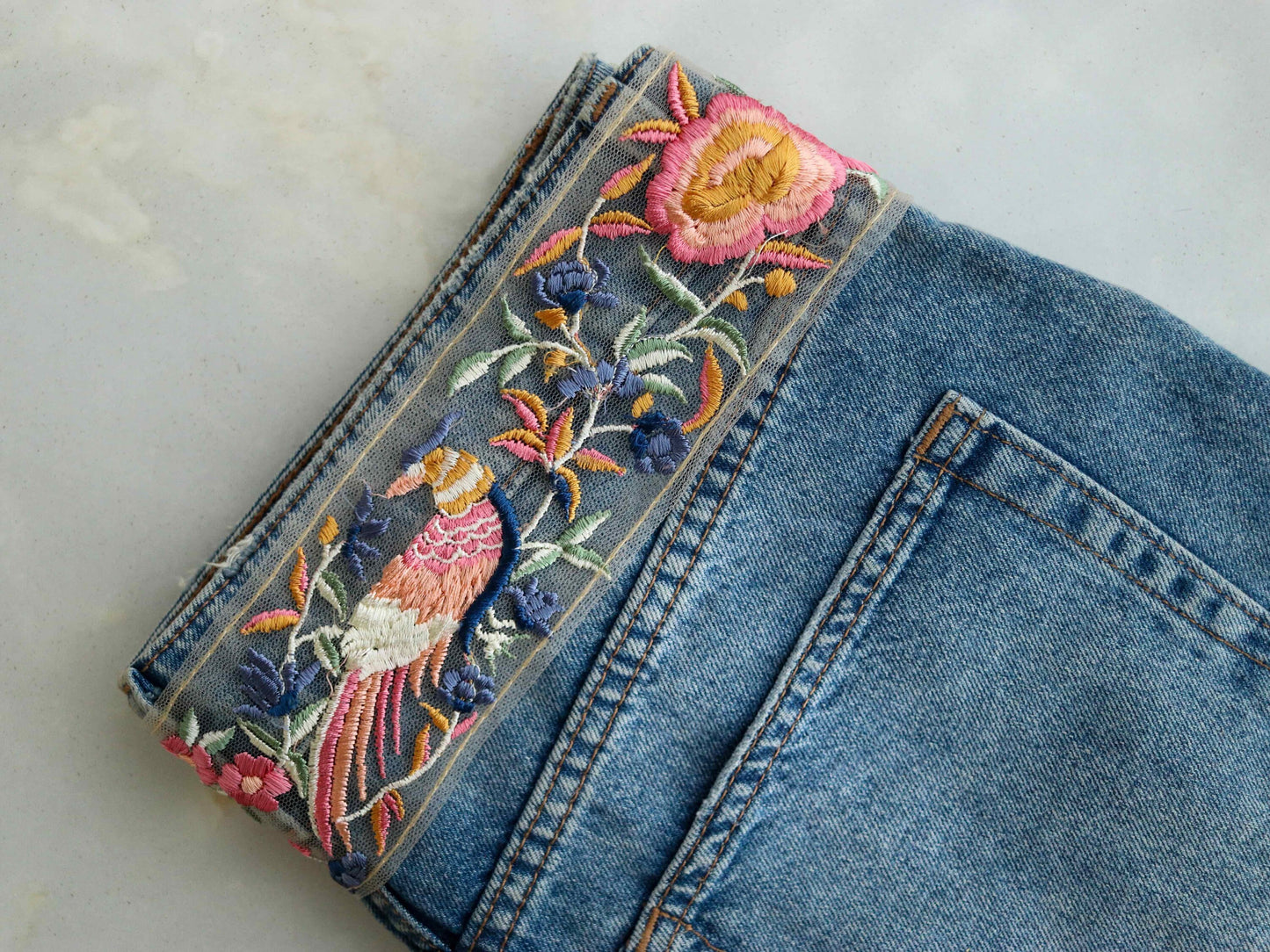 Pink Grey Parrot Floral Trim,Embroidered Macaw Floral Net Border,Pink Bird Lace,Indian Fabric Trim,Floral Saree Border,Price/mtr