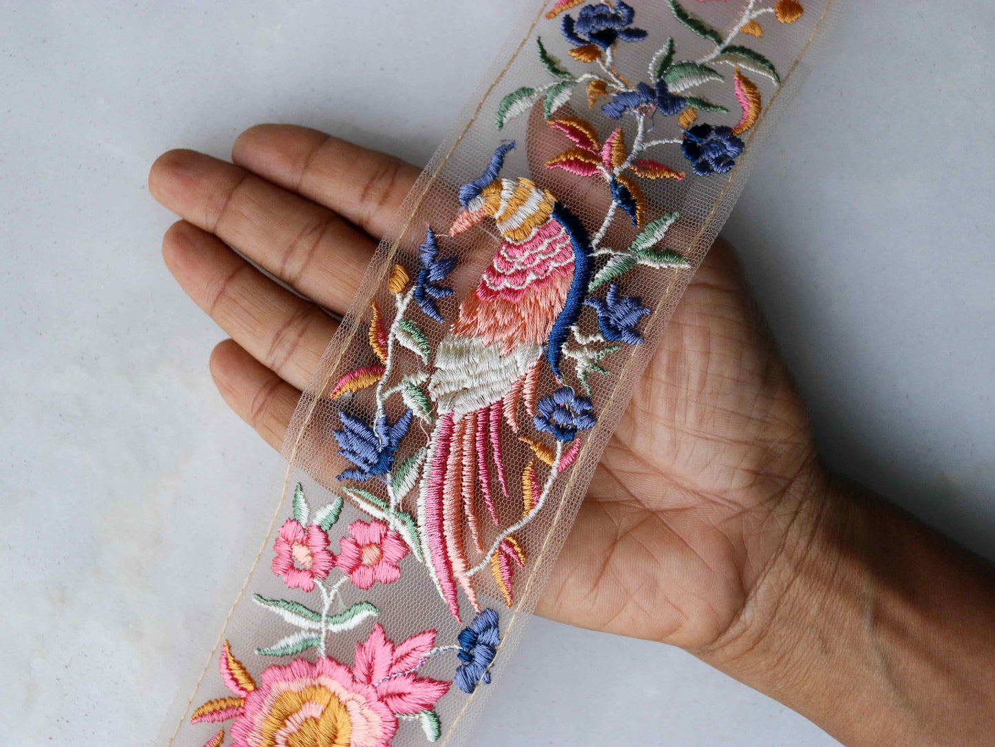 Pink Grey Parrot Floral Trim,Embroidered Macaw Floral Net Border,Pink Bird Lace,Indian Fabric Trim,Floral Saree Border,Price/mtr