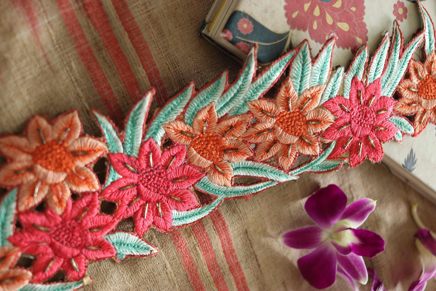 Pink Peach Floral Cutwork Trim,Floral Embroidered Border,Pink Peach Floral Cutwork Lace,Floral Saree Border,Price/mtr