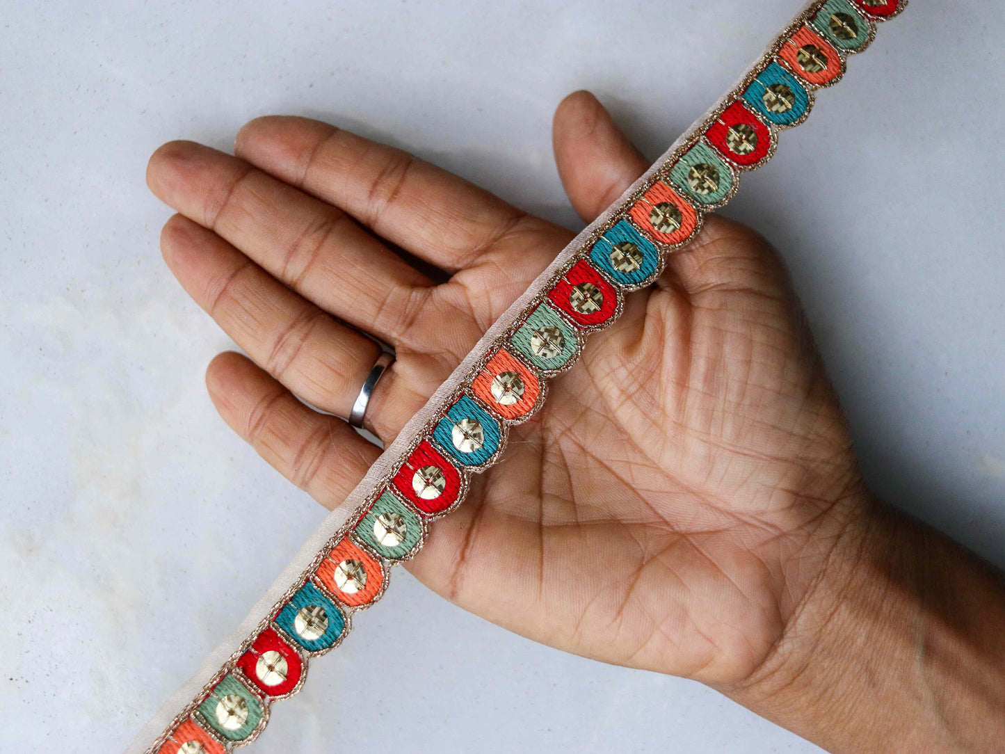 Thin Multicolour Embroidered Sequin Trim,Red Teal Gold Scallop Border,Bridal Designer Lace,Colourful Sequin Saree Border,Price/mtr