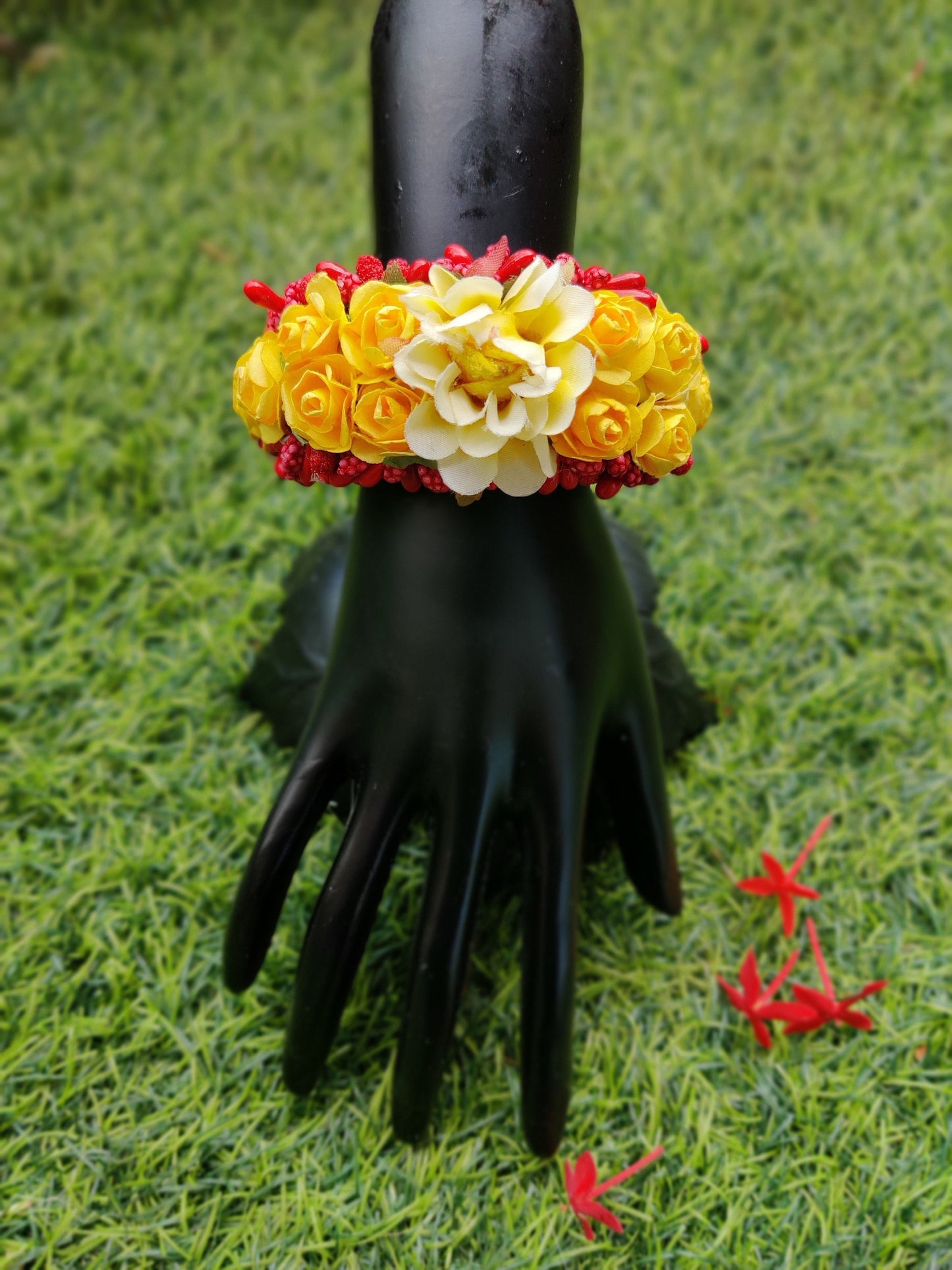 Ahilya - Yellow Red Floral Jewellery Indian Handmade Bracelet Haldi Mehendi Bridal Baby Shower Artificial Flower Wedding Bridesmaid Gift