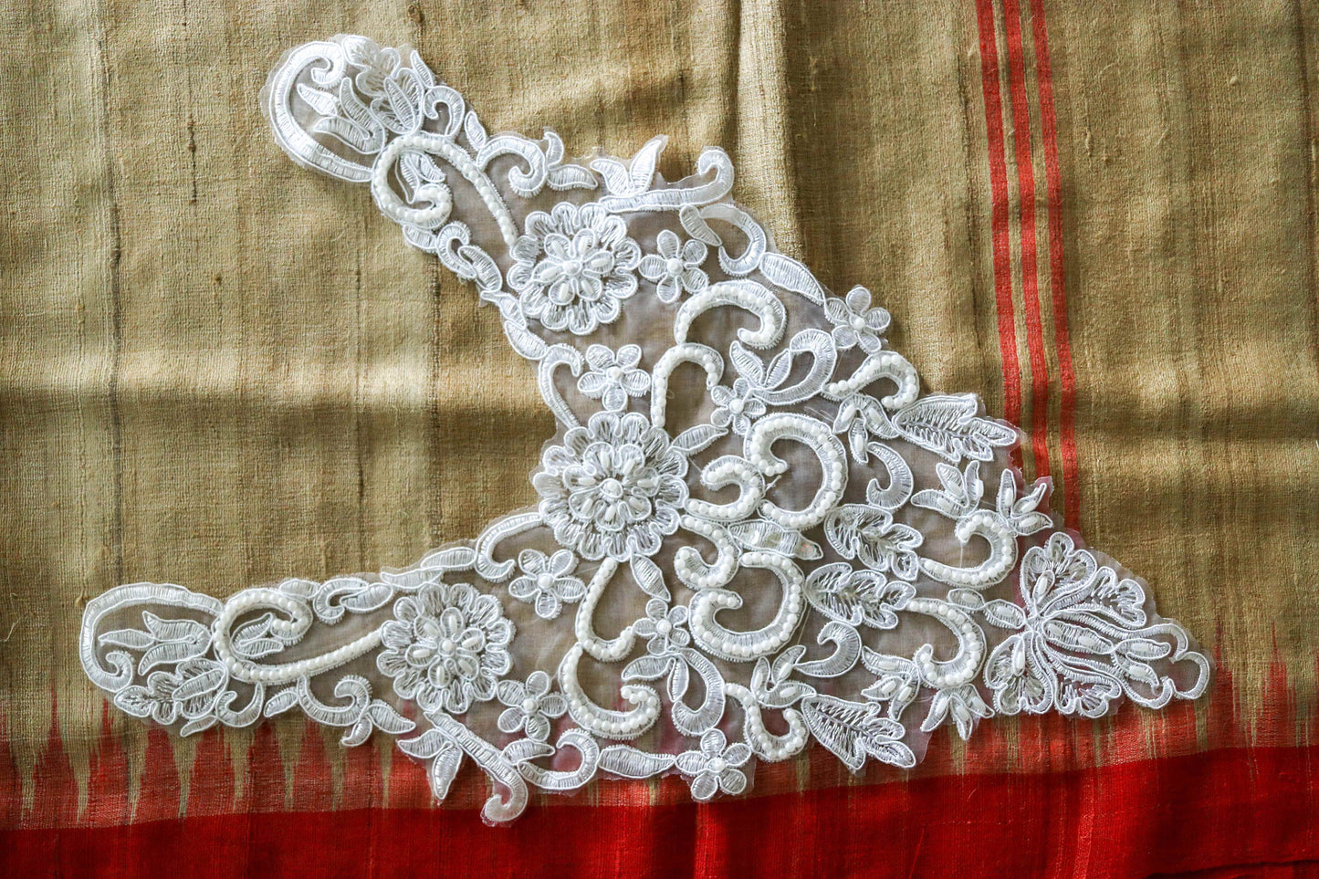 White Beaded Embroidered Neckline Patch,Handmade Vintage Collar Patch,White Beaded Crafting DIY Neck Patch,Backline Applique