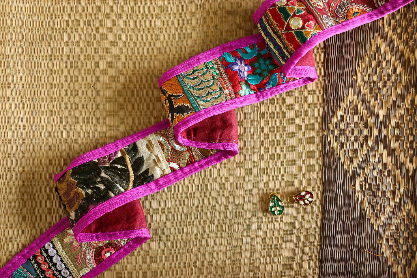 Boho Pink Patchwork Embroidered Trim,Upcycled Embroidered Lace,Pink Blue Gold Floral Border,Indian Patchwork Khichdi Saree Border,Price/mt