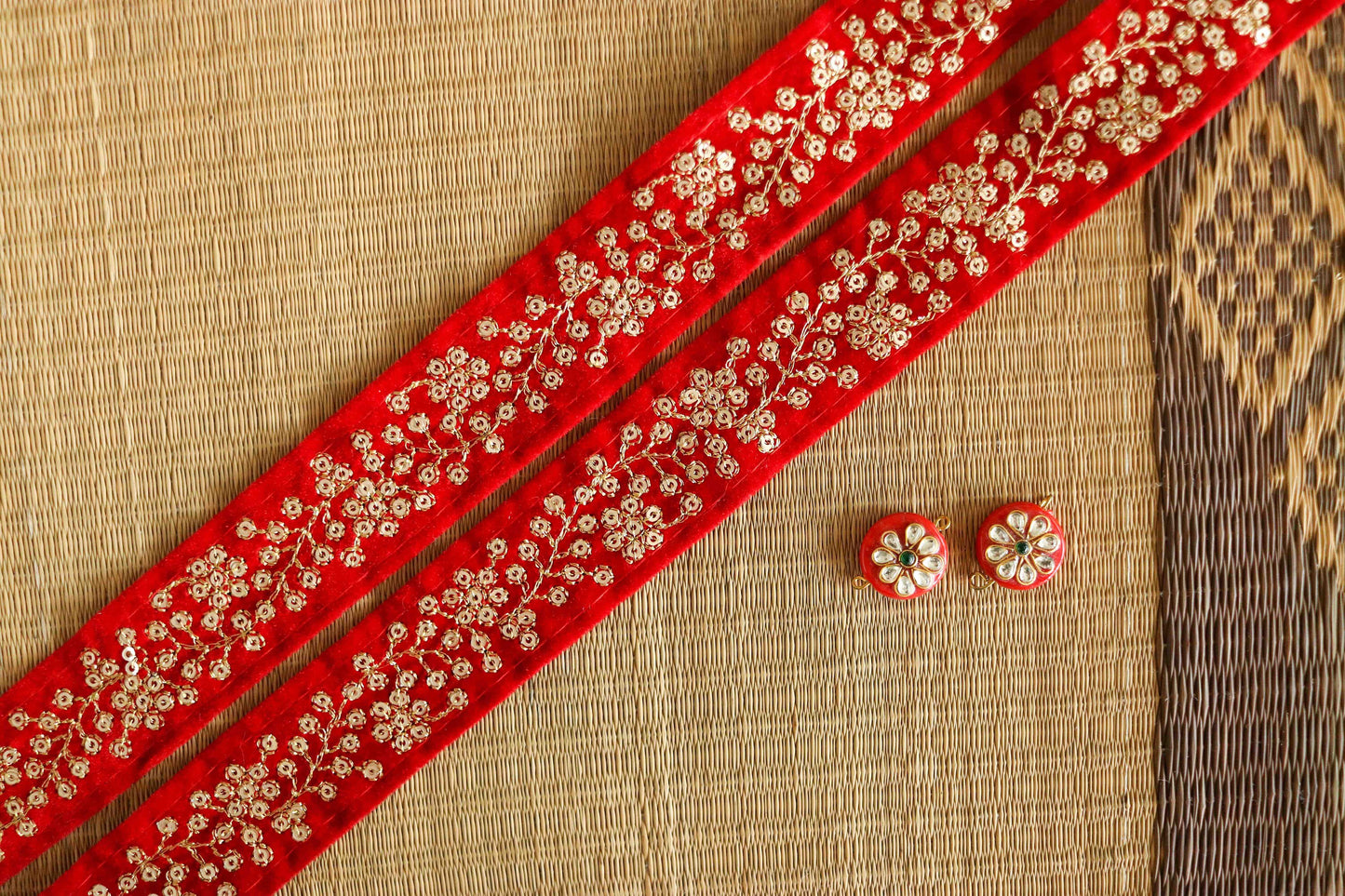 Red Gold Floral Velvet Trim,Indian Floral Embroidered Border,Red Gold Floral Lace,Velvet Saree Border,Price/mtr