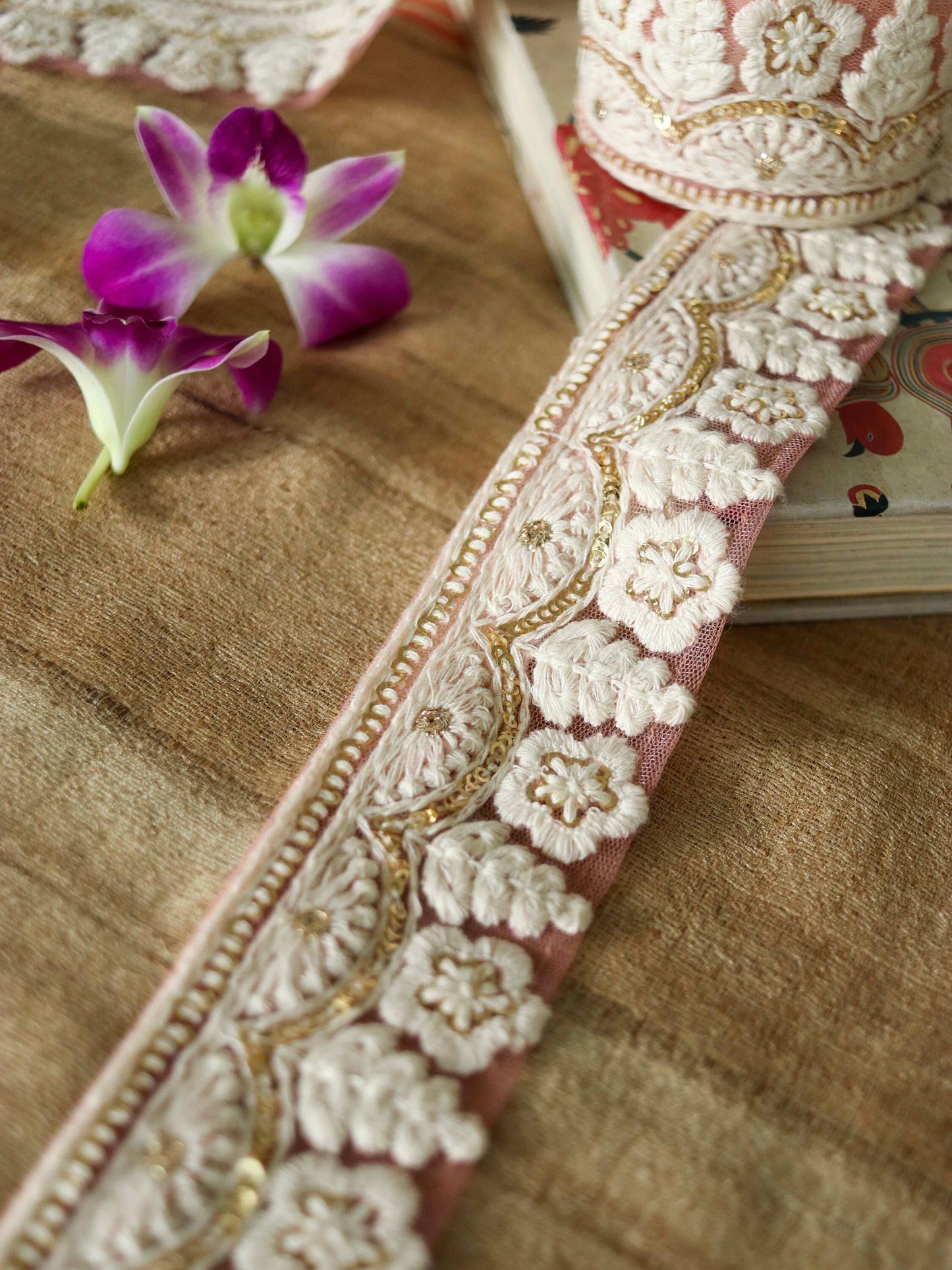 Pink White Floral Embroidered Trim,Indian Fabric Net Sequins Border,Pink Sequins Lace,Pink Gold Saree Border,Price/mtr
