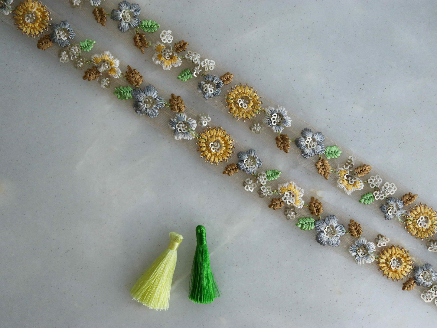 Yellow Grey Floral Embroidered Trim,Yellow Grey Net Floral Border,Floral Embroidery Lace,Indian Trim,Yellow Saree Border,Price/mtr