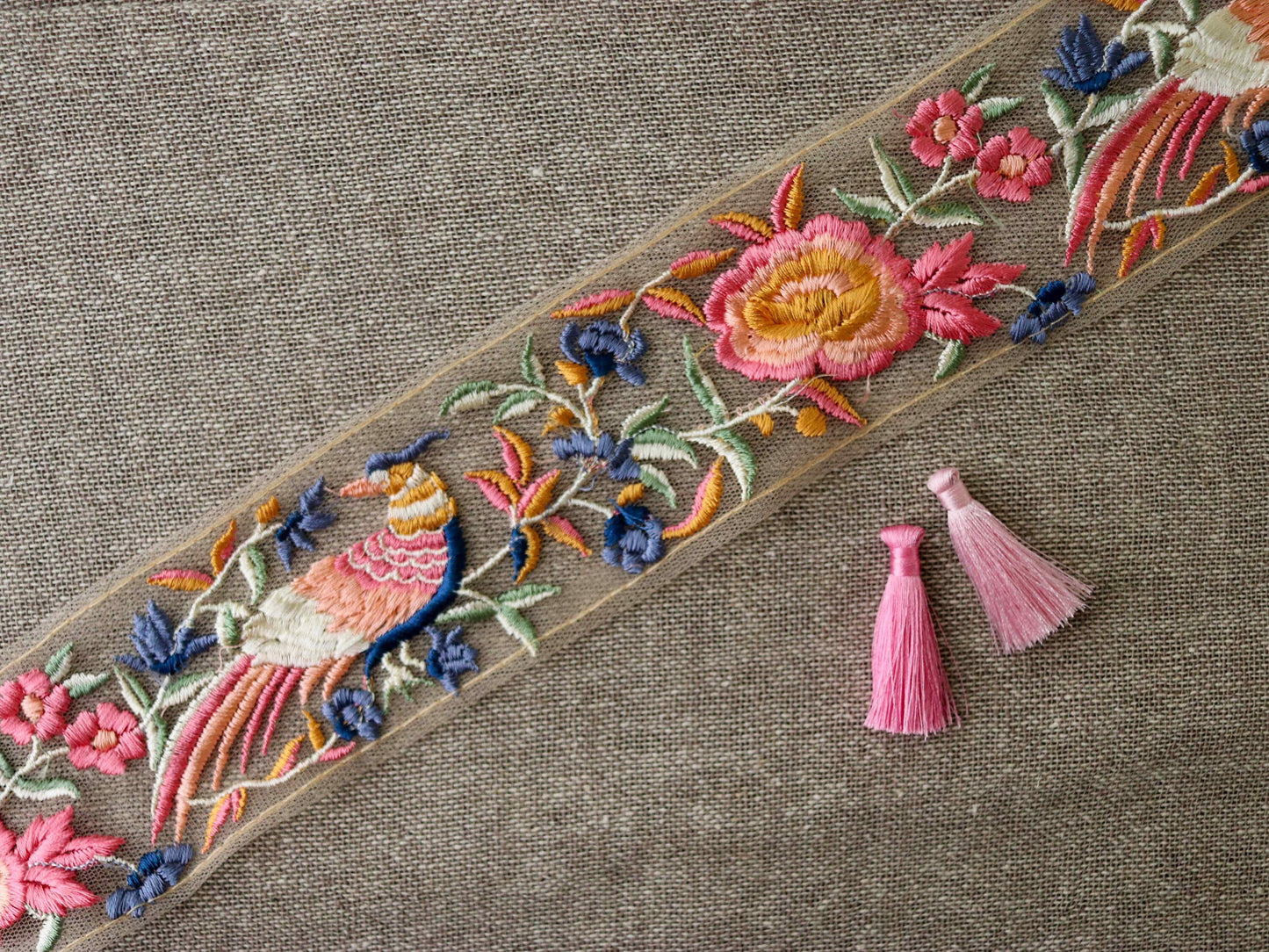 Pink Grey Parrot Floral Trim,Embroidered Macaw Floral Net Border,Pink Bird Lace,Indian Fabric Trim,Floral Saree Border,Price/mtr