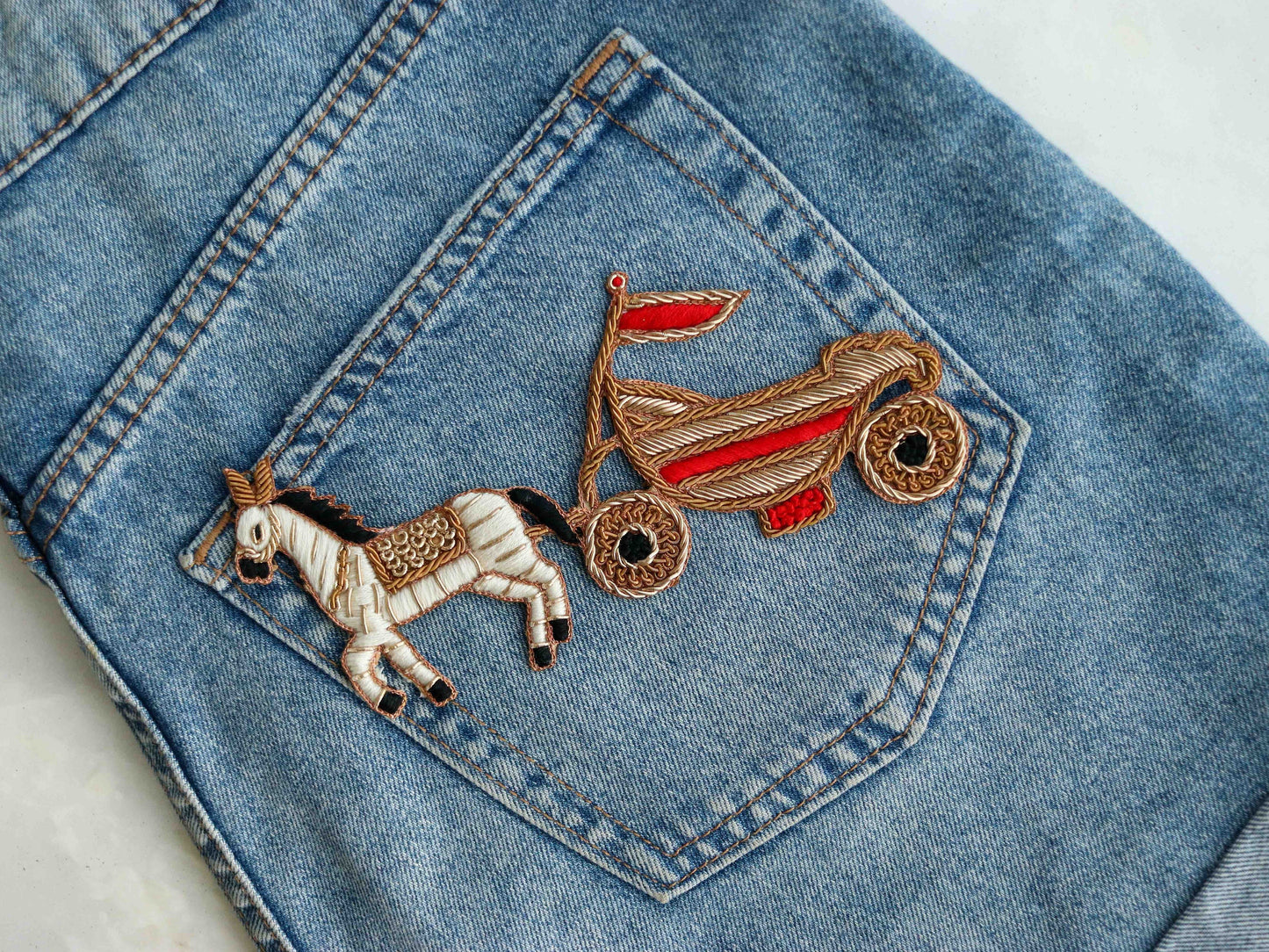 Vintage Horse Chariot Embroidered patch,Handmade White Gold Horse Vehicle applique,Boho Vehicle patch,Gold Zari Sew on DIY Patch