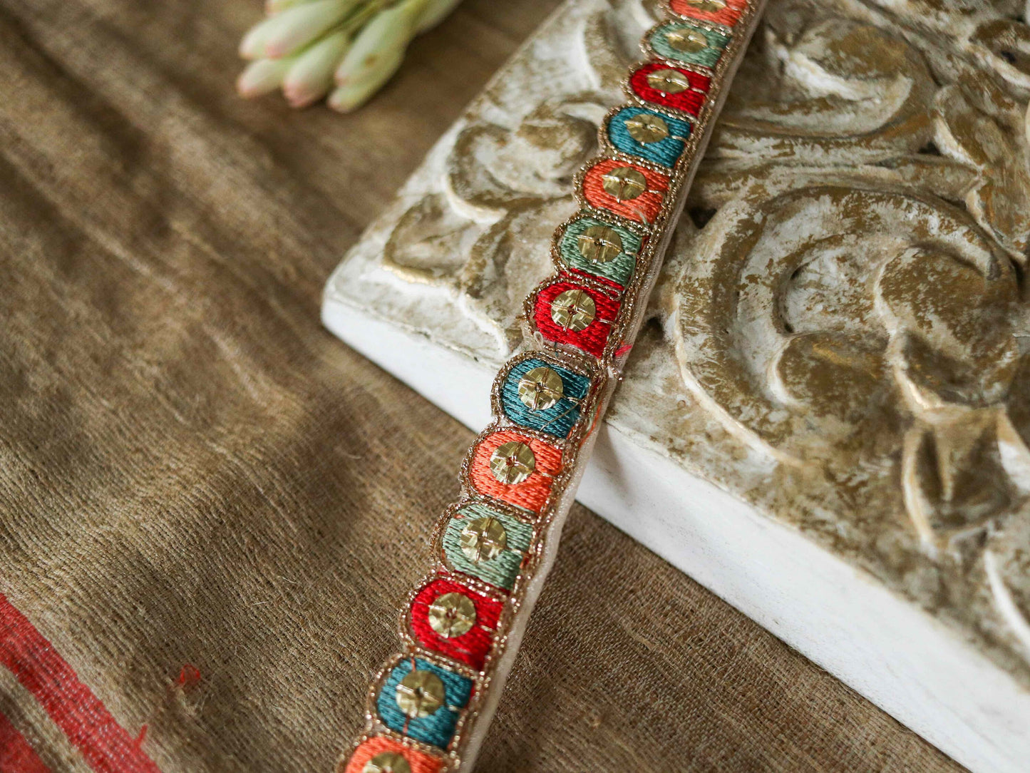 Thin Multicolour Embroidered Sequin Trim,Red Teal Gold Scallop Border,Bridal Designer Lace,Colourful Sequin Saree Border,Price/mtr
