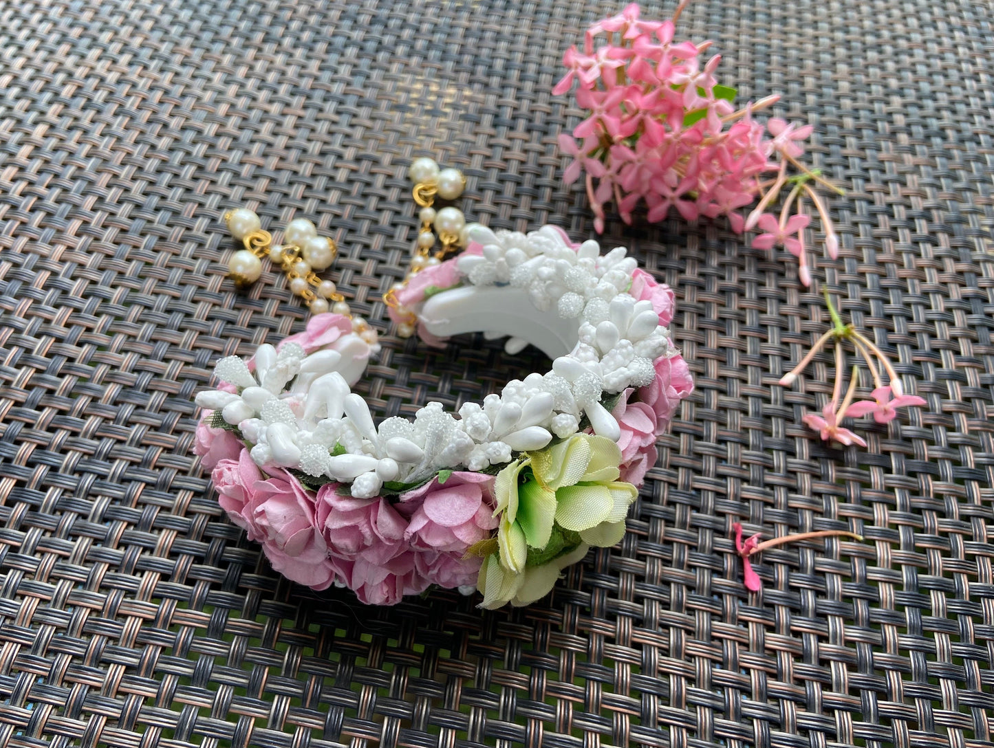 Ahilya - Pink White Floral Jewellery Indian Handmade Bracelet Haldi Mehendi Bridal Baby Shower Artificial Flower Wedding Bridesmaid Gift