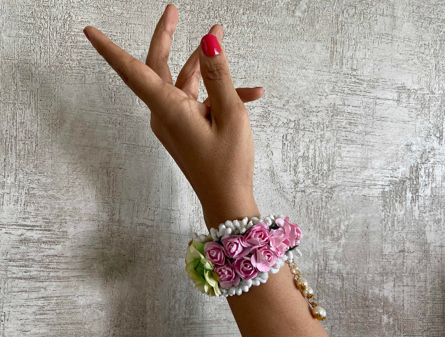 Ahilya - Pink White Floral Jewellery Indian Handmade Bracelet Haldi Mehendi Bridal Baby Shower Artificial Flower Wedding Bridesmaid Gift