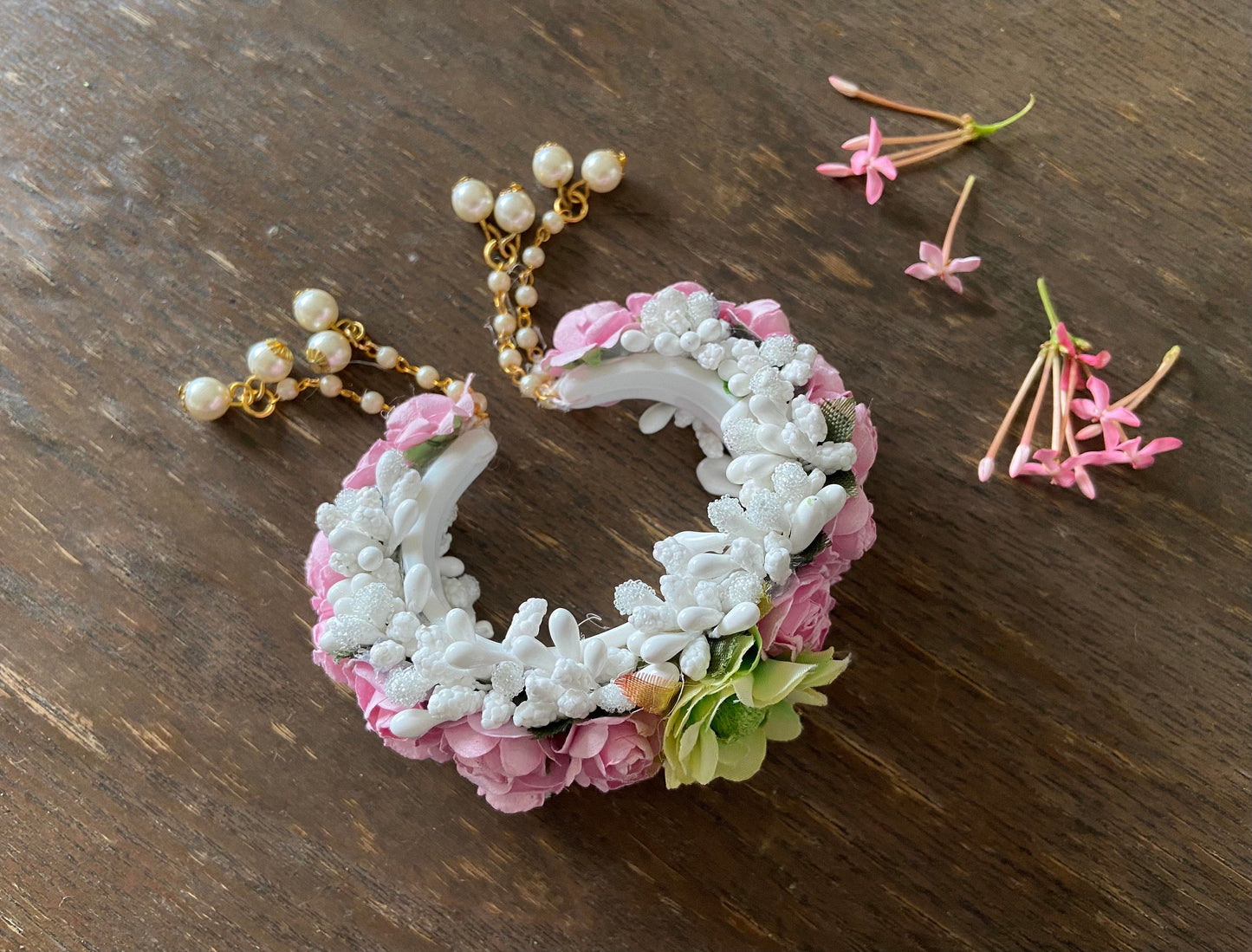 Ahilya - Pink White Floral Jewellery Indian Handmade Bracelet Haldi Mehendi Bridal Baby Shower Artificial Flower Wedding Bridesmaid Gift