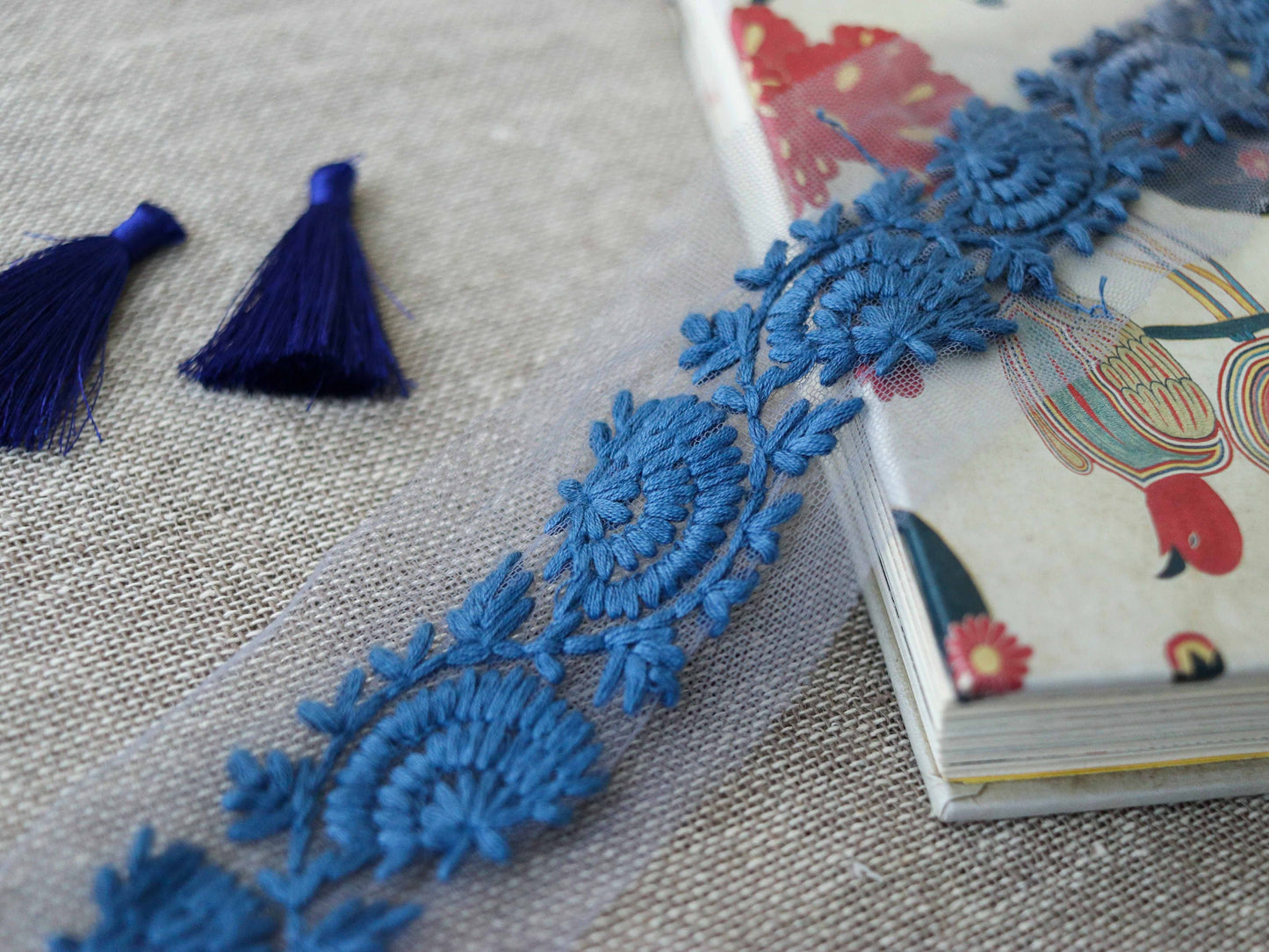 Blue Grey Floral Embroidered Trim,Net Border,Blue Grey Floral Lace,Indian Fabric Trim,Saree Border,Price/mtr