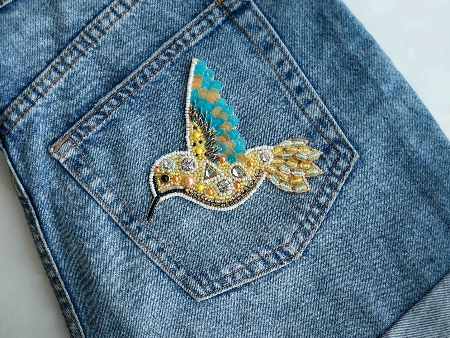 Blue Gold Bird embroidered patch,Handmade Beaded applique,Blue Gold bird patch,Costume Denim Patch,Sew on Applique,DIY Patch