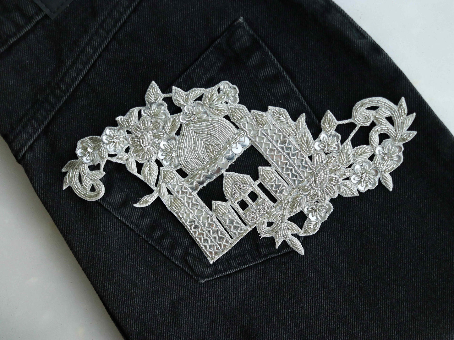 Silver Palace Embroidered Patch,Handmade Taj Mahal Applique,Royal Palace Silver Cutwork Patch,DIY Costume Dress Patch