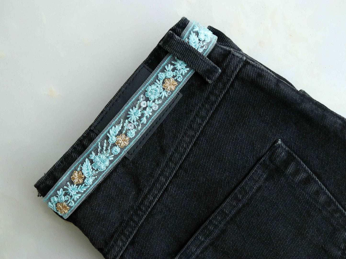 Blue Floral Self Embroidered Trim,Indian Fabric Net Embroidered Border,Lucknowi Chikankari Lace,Blue Sequin Saree Border,Price/mtr