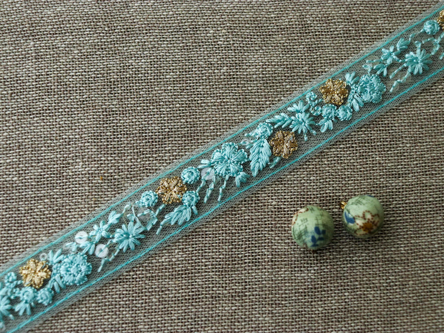 Blue Floral Self Embroidered Trim,Indian Fabric Net Embroidered Border,Lucknowi Chikankari Lace,Blue Sequin Saree Border,Price/mtr