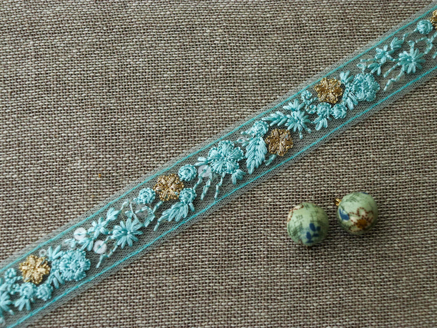 Blue Floral Self Embroidered Trim,Indian Fabric Net Embroidered Border,Lucknowi Chikankari Lace,Blue Sequin Saree Border,Price/mtr