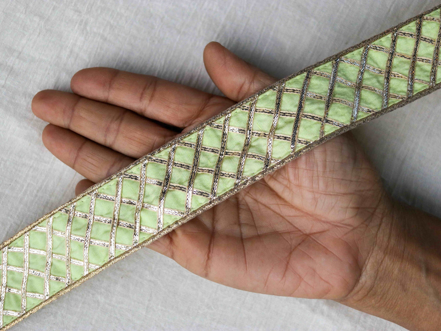 Green Gold Gota Checks Trim,Handmade Gold Gota Border,Boho Gold Foil Lace,Indian Designer Trim,Gota Saree Border,Price/mtr