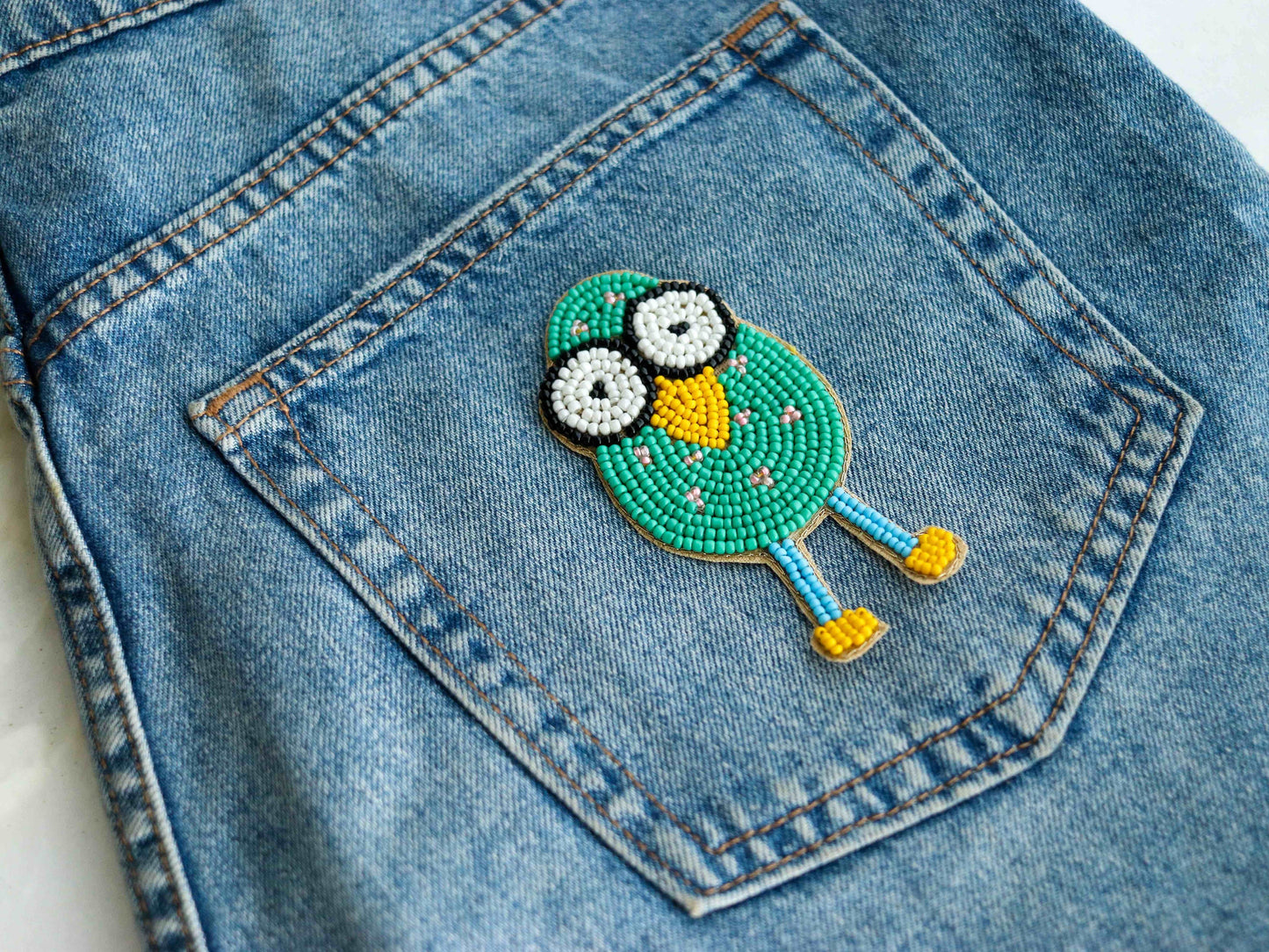 Quirky Green Beaded Duck patch,Handmade Bird applique,Green Bead Duckling bird patch,Boho Bird Patch,DIY Patch