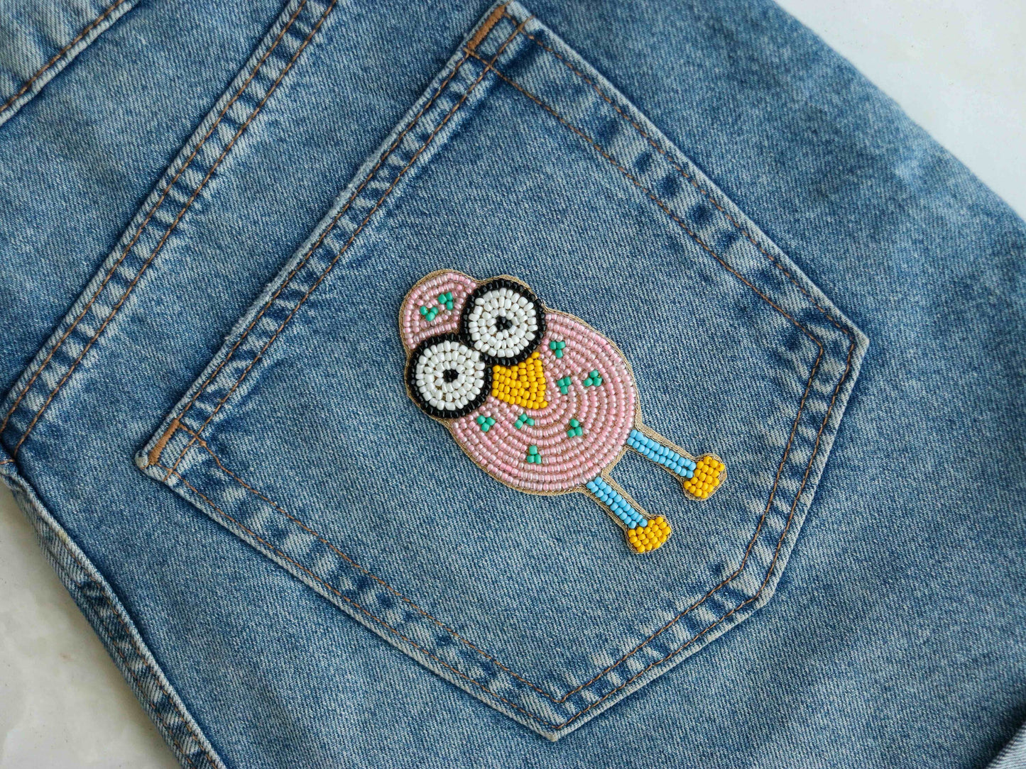 Quirky Pink Beaded Duck patch,Handmade Bird applique,Pink Bead Duckling bird patch,Boho Bird Patch,DIY Patch