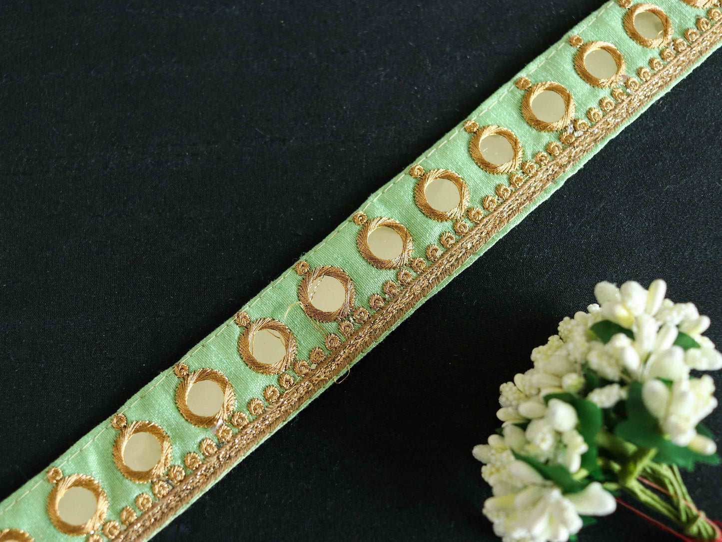 Green Gold Mirror Sequin Trim,Indian Embroidered Border,Mint Green Mirror Lace,Green Saree Border,Price/mtr