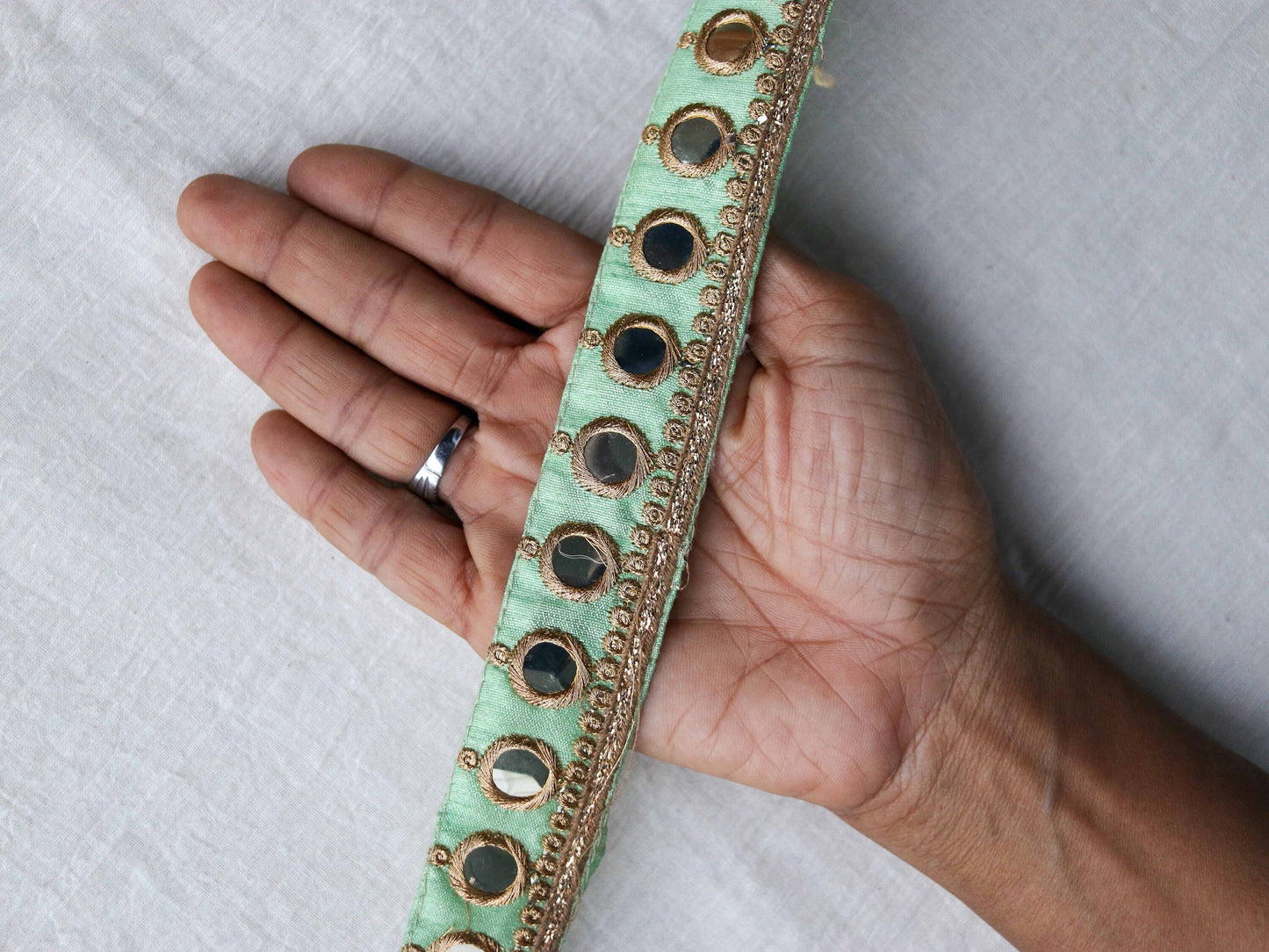 Green Gold Mirror Sequin Trim,Indian Embroidered Border,Mint Green Mirror Lace,Green Saree Border,Price/mtr