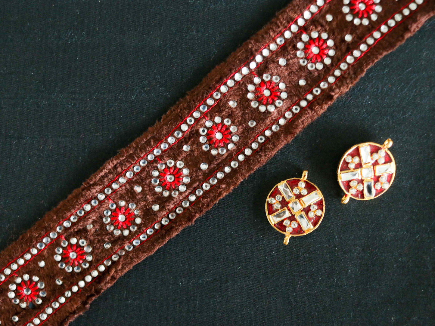 Brown Floral Velvet Embroidered Trim,Brown Red Diamante Border,Indian Fabric Brown Velvet Floral Lace,Brown Saree Border,Price/mtr