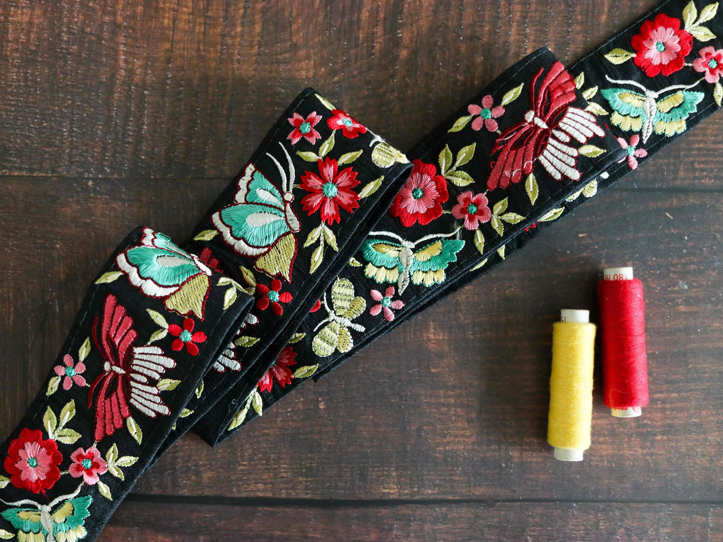 Black Pink Butterfly Floral Trim,Embroidered Floral Net Border,Black Pink Floral Lace,Indian Fabric Trim,Butterfly Saree Border,Price/mtr