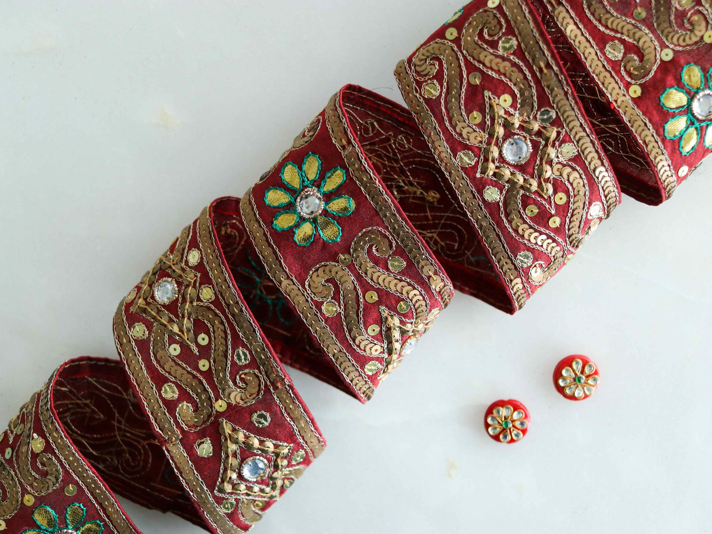 Vintage Red Gold Embroidered Trim,Handmade Old Gold Sequin Floral Border,Antique Red Bridal Saree Border,Indian Fabric Trim,Price/mtr