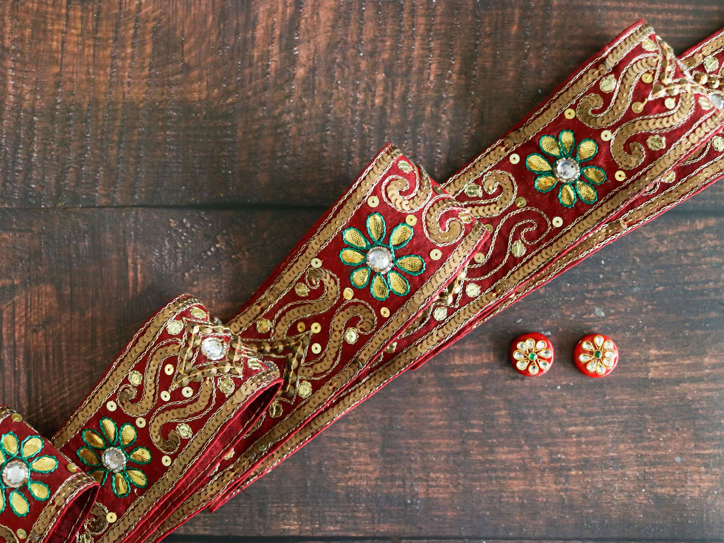 Vintage Red Gold Embroidered Trim,Handmade Old Gold Sequin Floral Border,Antique Red Bridal Saree Border,Indian Fabric Trim,Price/mtr