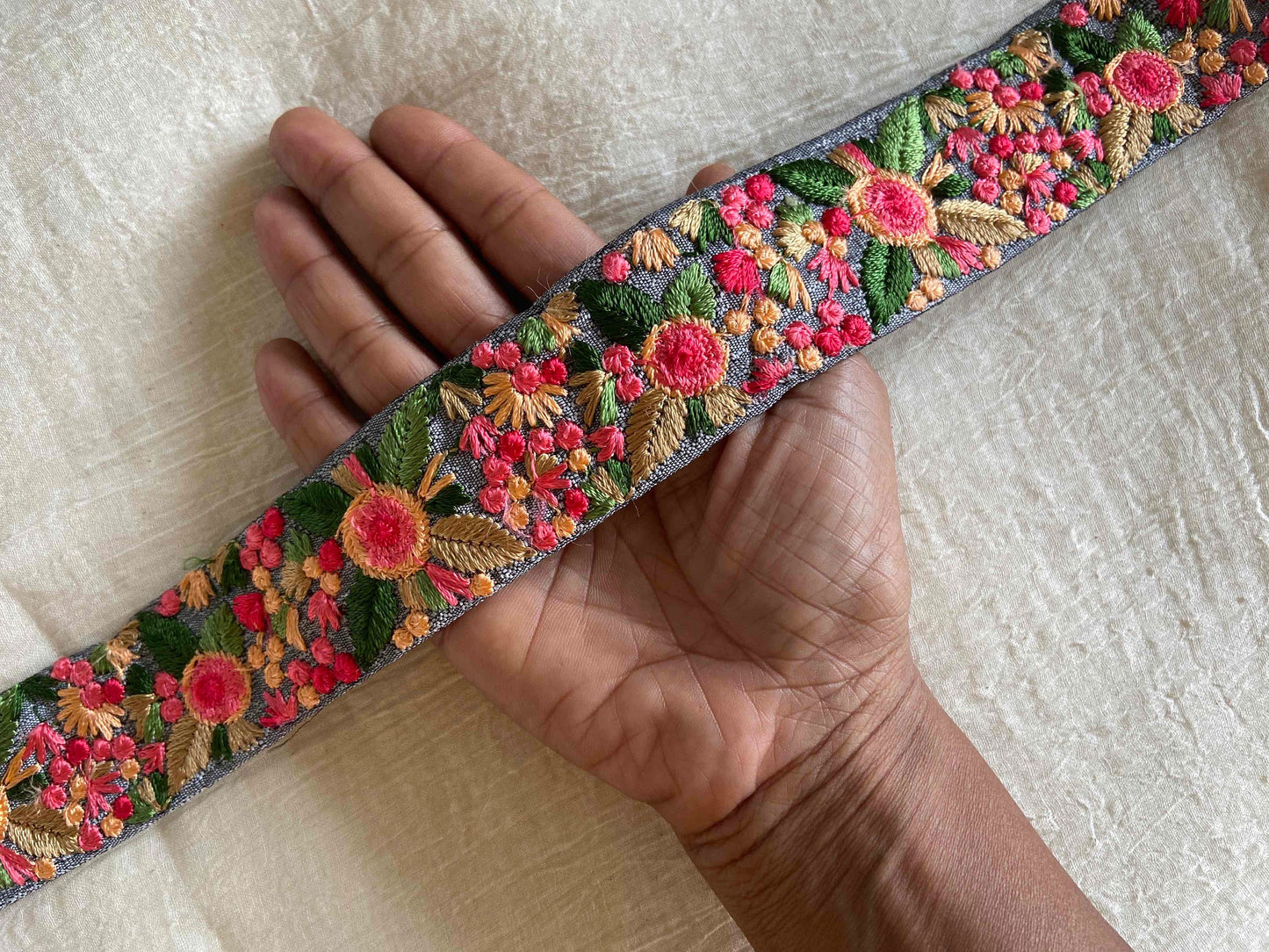 Pink Grey Floral Embroidered Trim,Indian Fabric Border,Pink Grey Parsi Embroidery Floral Lace,Floral Saree Border,Price/mtr
