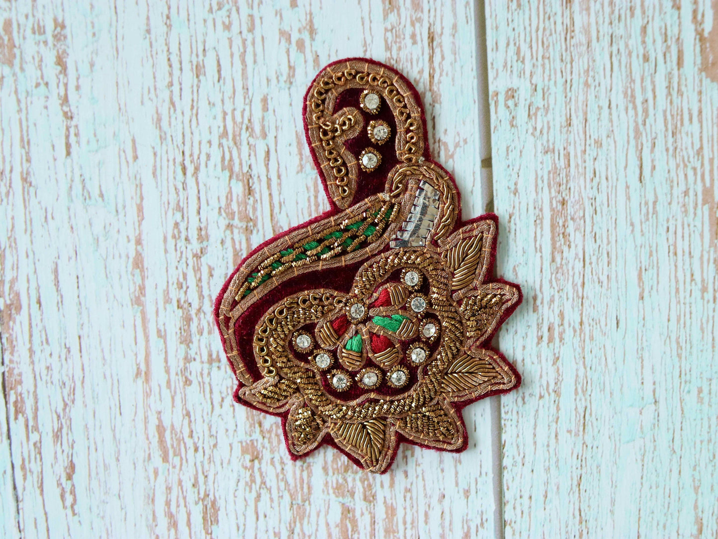 Vintage Red Velvet embroidered patch,Handmade Old Gold Regal applique, Maroon Gold Floral Paisley patch,Bridal DIY Patch