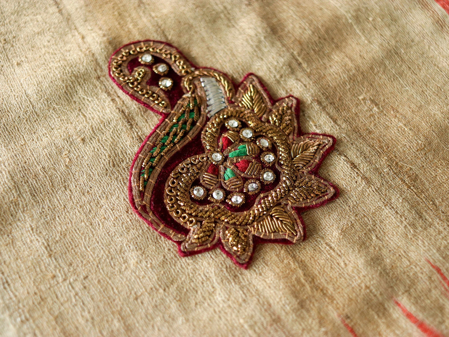 Vintage Red Velvet embroidered patch,Handmade Old Gold Regal applique, Maroon Gold Floral Paisley patch,Bridal DIY Patch