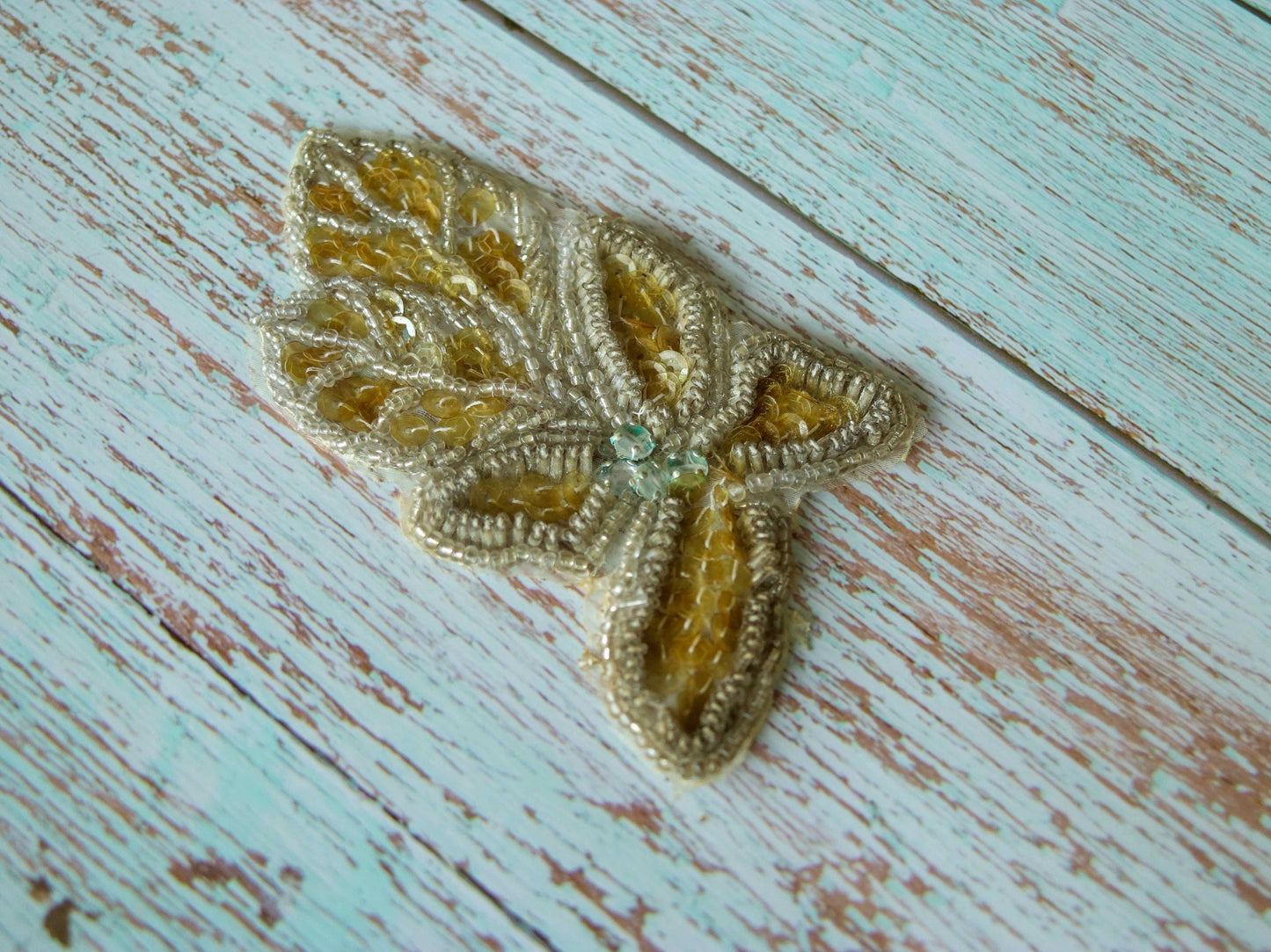 Vintage White Leaf Beaded patch,Handmade embroidered applique, Vintage White patch,Old Recycled Applique,DIY Patch