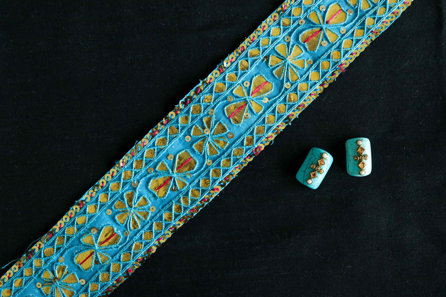 Vintage Blue Gold Embroidered Trim,Handmade Gold Gota Sequin Floral Border,Antique Blue Bridal Saree Border,Indian Fabric Trim,Price/mtr