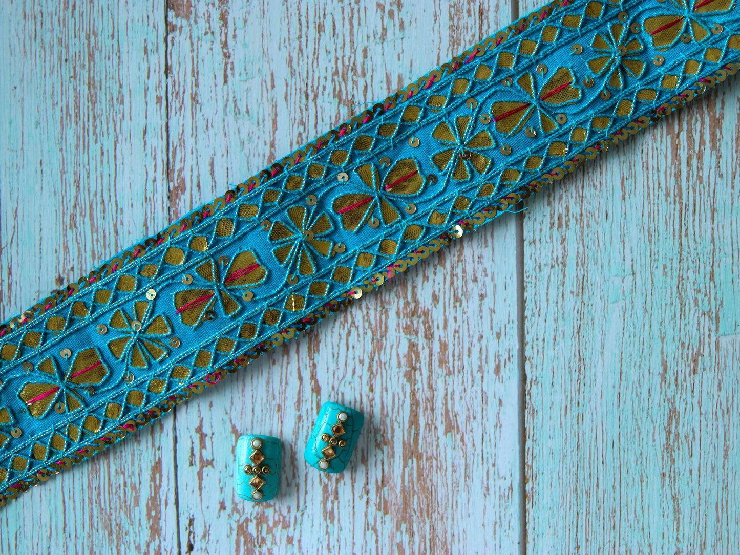 Vintage Blue Gold Embroidered Trim,Handmade Gold Gota Sequin Floral Border,Antique Blue Bridal Saree Border,Indian Fabric Trim,Price/mtr