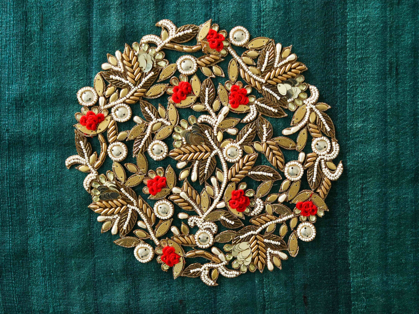 Red Gold Floral Embroidered patch,Handmade cutwork Red White Gold floral applique, Large Red Gold Sequin Applique, DIY Patch