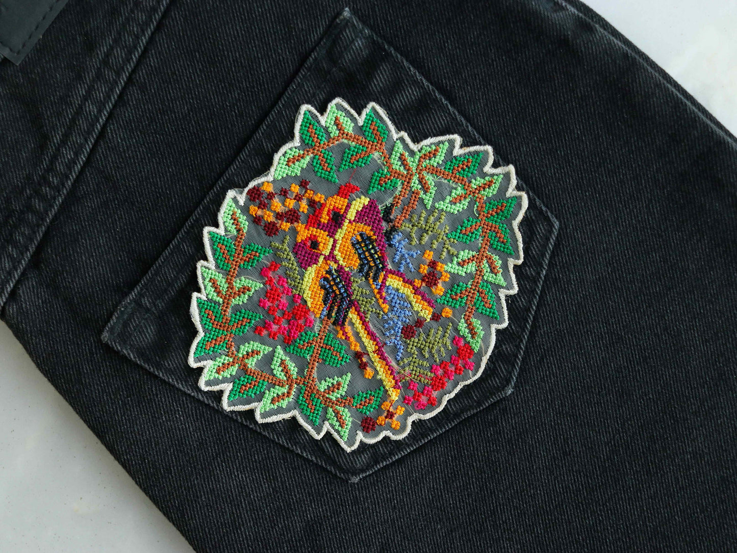 Multicolour Parrots embroidered patch,Cross stitch Parrot applique, Colourful fabric bird patch,Quirky Boho DIY Bird Patch