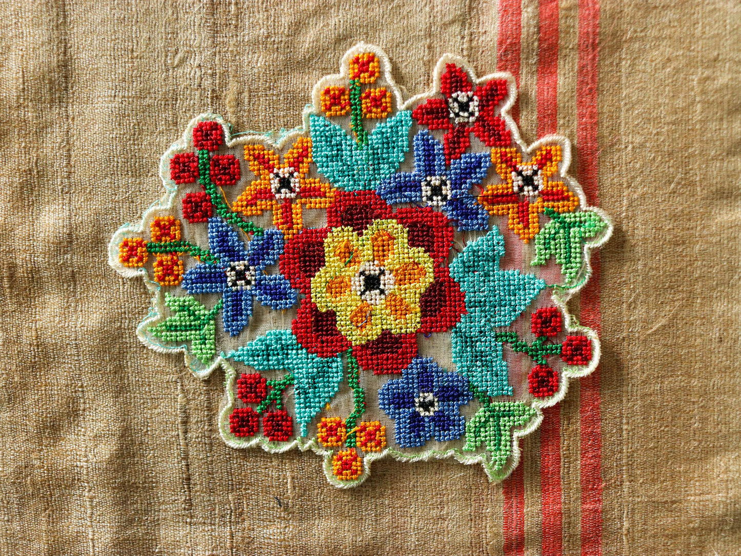 Multicolour Floral embroidered patch, Cross stitch Floral bouquet applique, Colourful fabric patch, Quirky Boho DIY Floral Patch