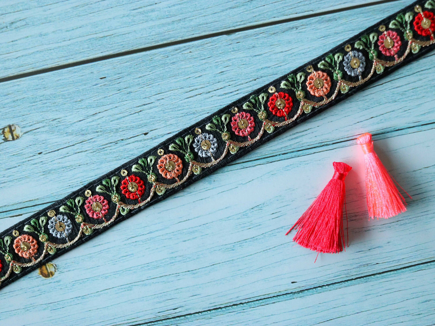 Black Red Floral Embroidered Trim,Indian Fabric Embroidered Border,Black Pink Blue Floral Lace,Floral Saree Border,Price/mtr