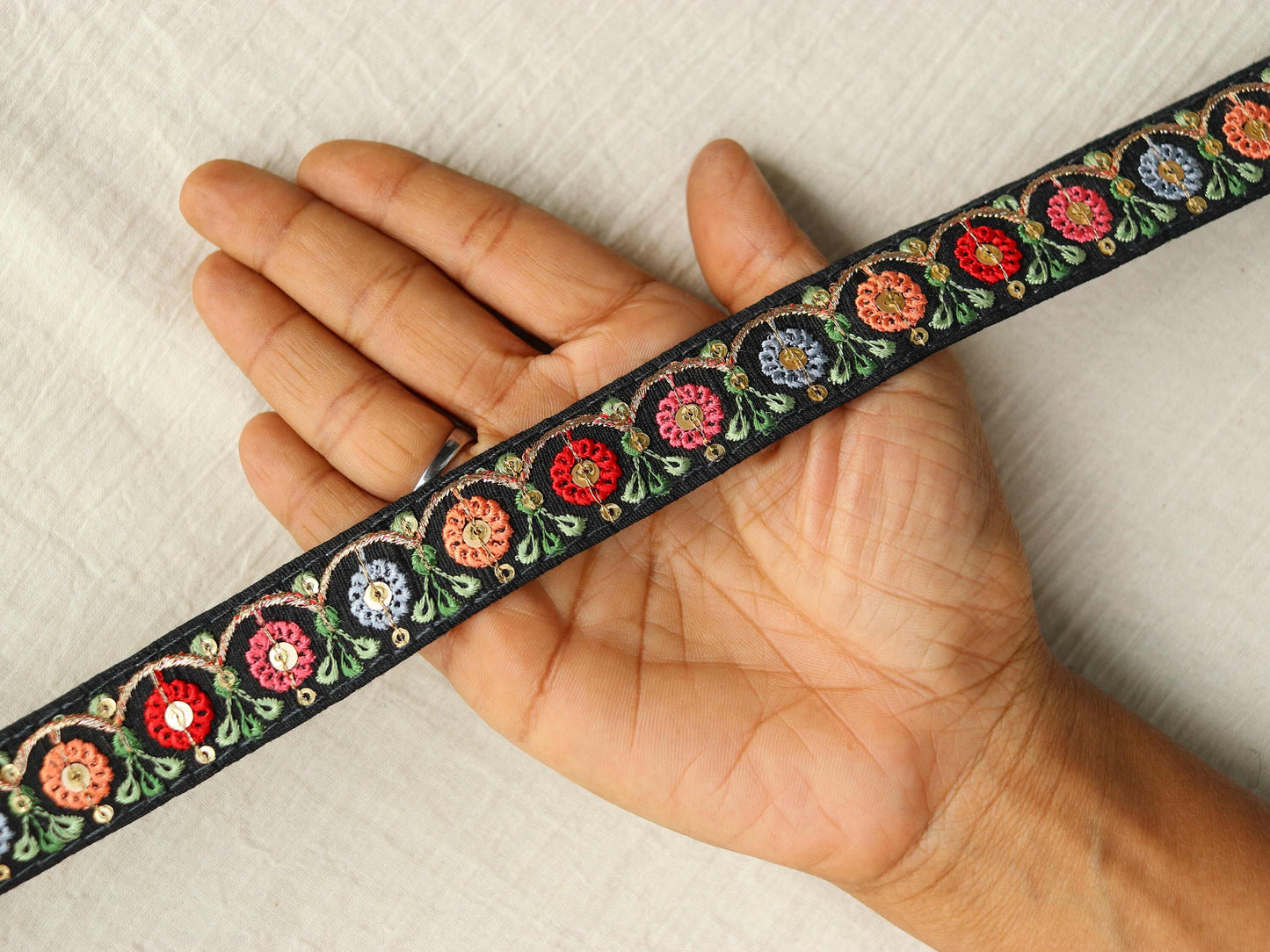 Black Red Floral Embroidered Trim,Indian Fabric Embroidered Border,Black Pink Blue Floral Lace,Floral Saree Border,Price/mtr