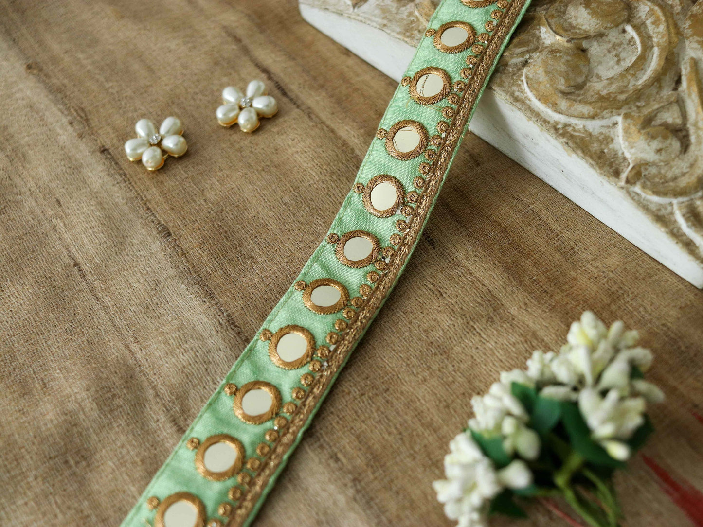 Green Gold Mirror Sequin Trim,Indian Embroidered Border,Mint Green Mirror Lace,Green Saree Border,Price/mtr