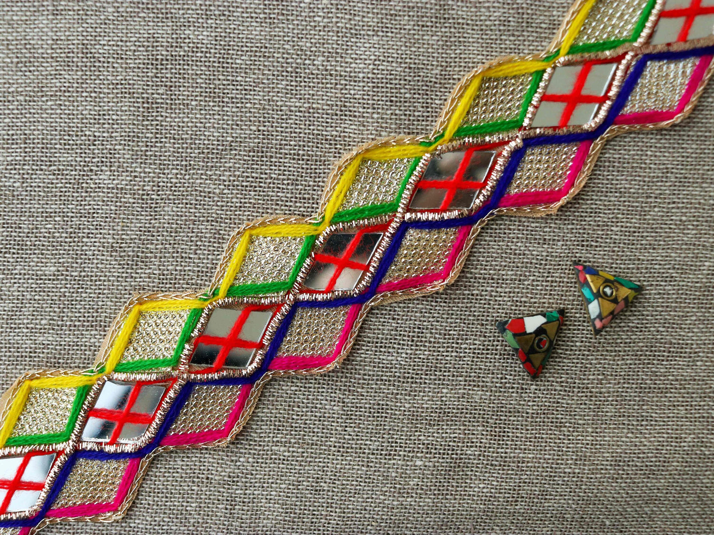 Colourful Mirror Embroidered Kutchi Trim,Indian Embroidered Border,Multicolour Mirror Lace,Tribal Boho Hippie Saree Border,Price/mtr