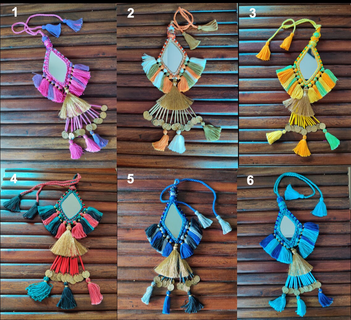 Boho Orange Mirror Tassel,Handmade Charm,Orange White Tufted Tassel Latkan, Quirky Kitschy Indian Tribal Bag Charm,Christmas Tree Supply