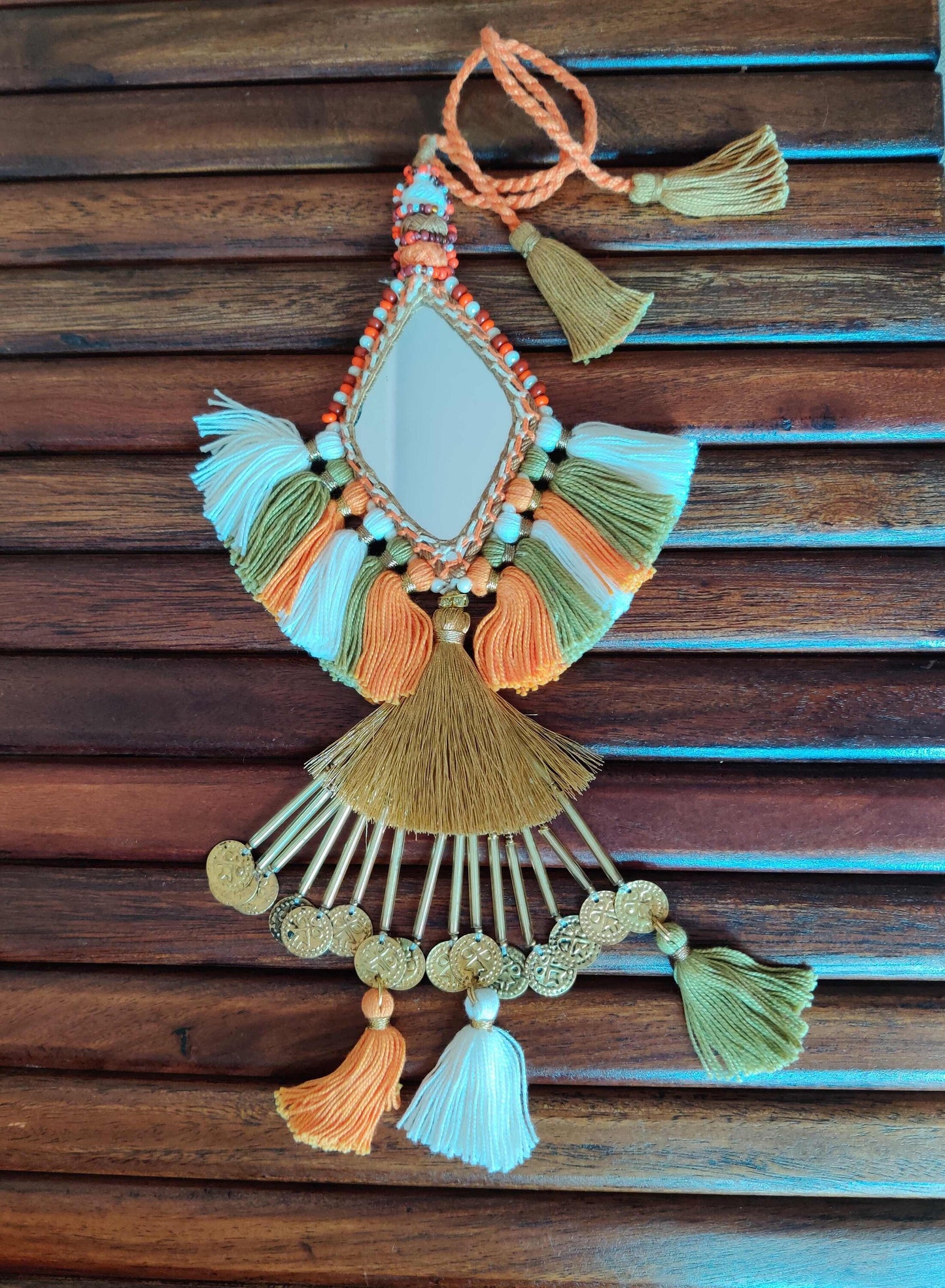 Boho Orange Mirror Tassel,Handmade Charm,Orange White Tufted Tassel Latkan, Quirky Kitschy Indian Tribal Bag Charm,Christmas Tree Supply